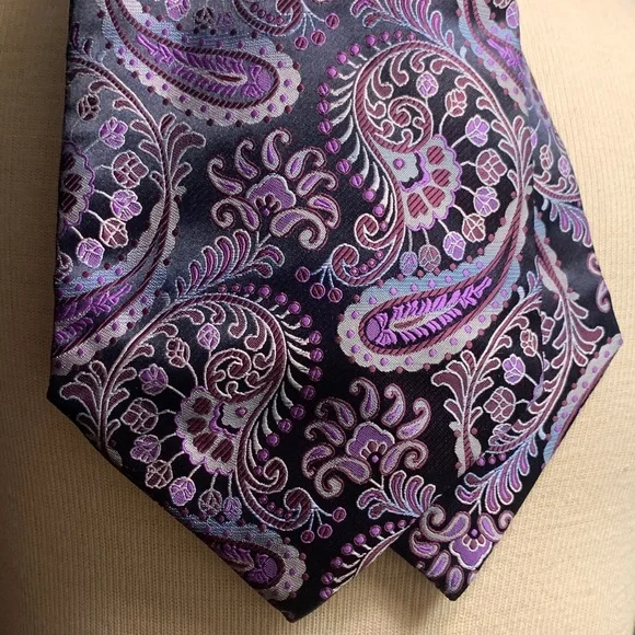 PURPLE PAISLEY BROCADE HANDMADE SILK ASCOT CRAVATTE NECKTIE - Picture 3 of 13